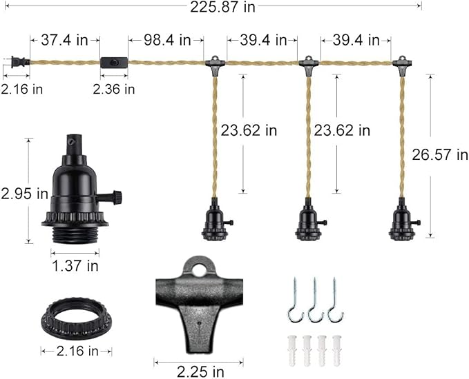 Fantado Jute Rope Triple Socket Black Pendant Light Lamp Cord for Lanterns, Switch, 19 FT by PaperLanternStore | Lumora