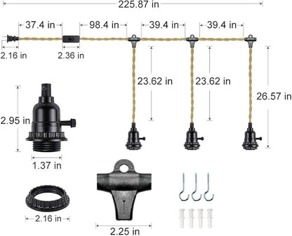 Fantado Jute Rope Triple Socket Black Pendant Light Lamp Cord for Lanterns, Switch, 19 FT by PaperLanternStore