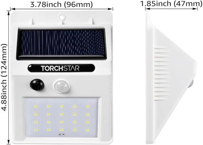 TORCHSTAR Outdoor LED Solar Powered Motion Sensor Light, IP65 Waterproof Cordless Outdoor Wall Lighting for Driveway, Patio, Garage, Porch, 6500K Pure White, White, Pack of 4