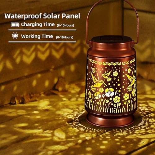 Solar Lantern Outdoor Hanging — Metal Hummingbird Solar Lights with Floral Projection, IP65 Waterproof, Auto On/Off, 8–12H Illumination, Garden Décor Gift for Mom Grandma Women Patio
