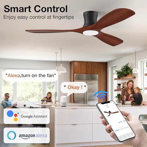 52 Inch Smart Low Profile Ceiling Fans with Lights Remote,Wood,Flush Mount