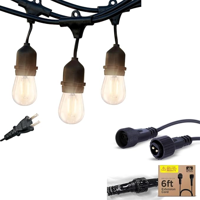 Brightech Bundle: Ambience Pro - Waterproof LED Outdoor String Lights - Hanging, Dimmable 2W Vintage Edison Bulbs - 48 Ft + 6 Ft Extension Cord