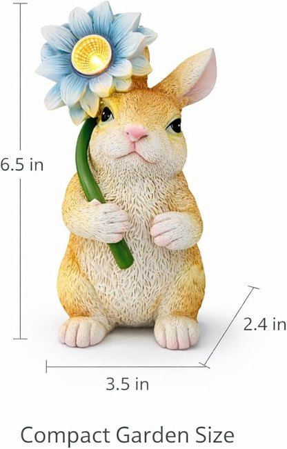 Solar Bunny Garden Statue with LED Flower – Hand-Painted Resin Rabbit Figurine, Outdoor Solar Light Decor for Yard, Patio, Porch, Lawn (Rabbit)
