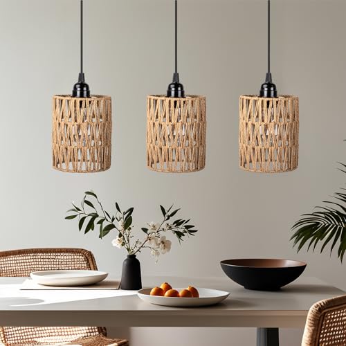 Battery Operated Chandelier, Battery Hanging Pendant Light, Rattan Lights with Warm White Bulb, 4*AA Battery Powered, for Gazebo Pergola Porch Patio Outdoor Indoor Decor (3)