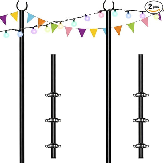10ft String Light Poles for Deck Fence, Light Poles for Outdoor String Light, Perfect for Garden, Backyard, and Patio Lighting Stand for Parties, Wedding - Matte Black Finish - 2 Pack