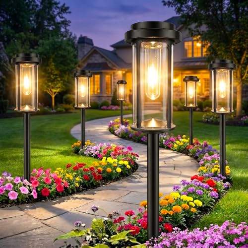 DERAYSION 12 Pack Solar Lights Outdoor, 21" Solar Pathway Lights Auto On/Off Waterproof Garden Lights for Path, Yard, Walkway, Driveway Decor, Warm White