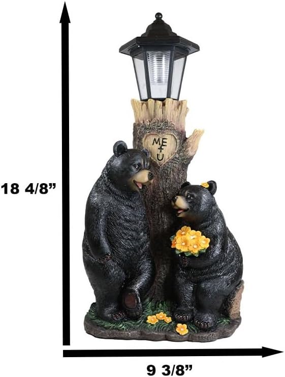 Ebros Love is in The Air Me + U Rustic Forest Black Bear Couple Courtship Dating Outpost Statue with Solar LED Light Lantern Path Lighter As Garden Decorative Sculpture of Bears Valentines Accent