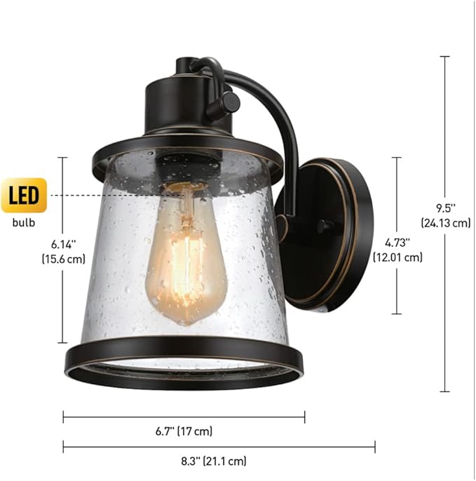 Globe Electric 44127 Charlie 1-Light Outdoor Indoor Wall Sconce, LED Bulb Included, Oil Rubbed Bronze, Clear Seeded Glass Shade, 500 Lumen