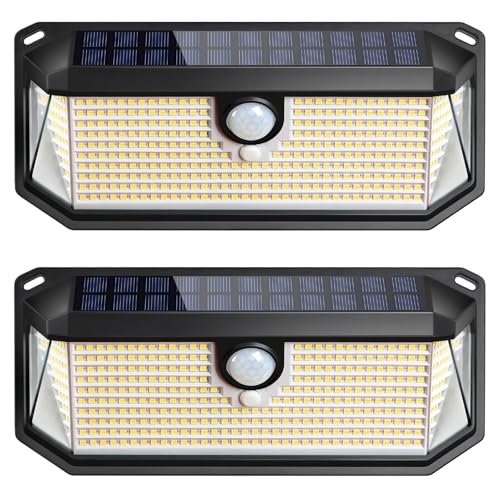 2-Pack Motion Sensor Solar Lights Outdoor, 388 LEDs 4000LM Solar Outdoor Lights Waterproof with 270° Wide Angle , Warm White Solar Powered Security Wall Light for Garden, Fence, Door, Garage, Yard