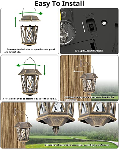 Solar Lantern Outdoor Waterproof, Metal Solar Lights Outdoor with Clear Glass, LED Solar Powered Lights Wall Mount for Yard Garden Wall Outdoor, Bronze - 2 Pack