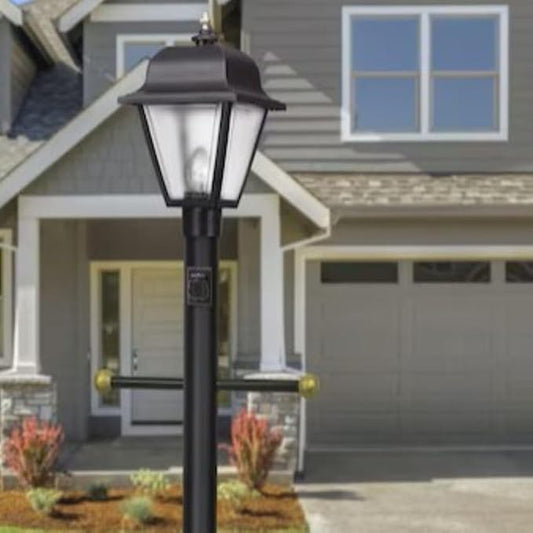 Solus 7-Foot Direct Burial Lamp Post – Outdoor Aluminum Light Pole with Decorative Cross Arm & 120V Outlet – Fits 3" Post Top Fixtures, Made in USA, Black, Bronze, or White, (Black, Single)
