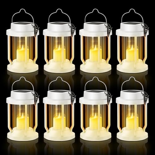 Solar Lantern Outdoor & Indoor Use – Hanging Solar Lights with Realistic Flickering Flameless Candle, Weatherproof for Gardens, Patios, Trees, and Lawns (White, 8 Pack)
