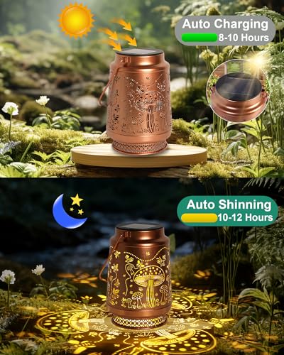 2 Pack Mushroom Solar Lanterns Outdoor Waterproof, Garden Decor Birthday Gifts for Women Mom Grandma Sister, Metal Hanging Solar Lights Outside Decorative for Backyard Patio Lawn Pathway Landscape