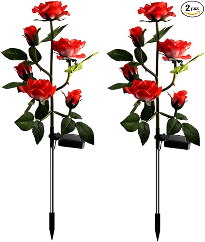 Aolyty Solar Garden Lights Outdoor, Solar Powered Stake Flower Light, IP65 Waterproof Solar Decorative Rose Flowers Lights for Patio Pathway Yard Lawn Decor (Red, 6 Rose)