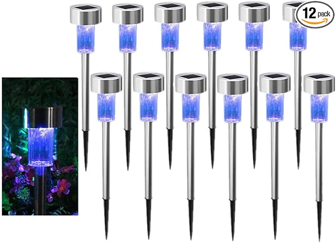 12PCS Blue Outdoor Lights LED Steel Garden Solar Powered Landscape Light Lamp Yar Pathway Stake Lights | Lumora