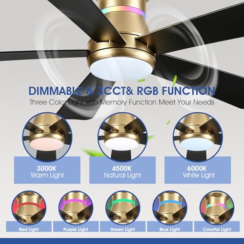 Surtime 46" Ceiling Fans with RGB Lights - Flush Mount Ceiling Fan Light with LED 3CCT Dimmable, Modern Low Profile Gold Ceiling Fan with Reversible Black Blades