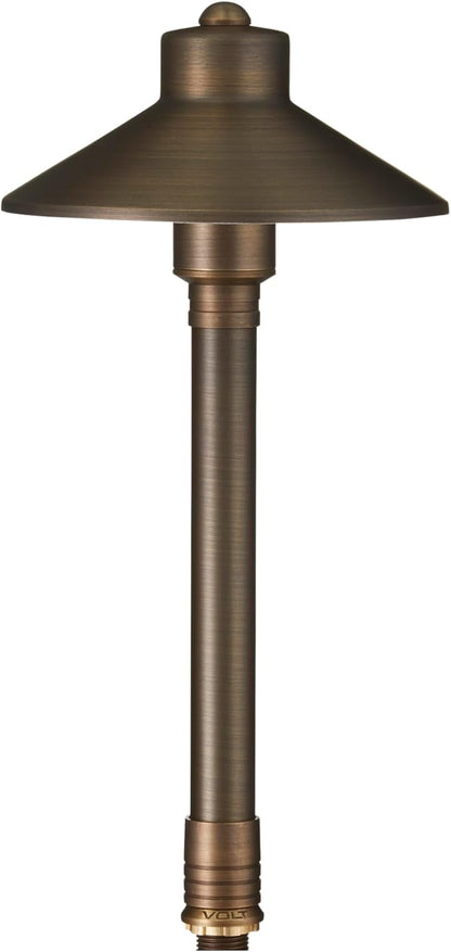 VOLT Flat Hat 12V Brass Mini Path Light (7" Shade, 15" Tall) for Low Voltage Landscape Lighting on Outdoor Pathway, Walkway, Garden, Driveway or Patio