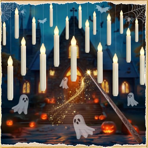 Homemory Hanging Floating Candles with Wand Remote and String, Flying Flameless LED Taper Candles Warm White Light, Battery Operated Window Candles with Wand for Halloween Christmas Party, 20 Pcs