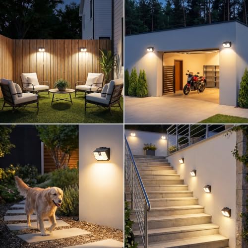Brightever 4 Packs Solar Outdoor Motion Sensor Lights with 3 Lighting Modes, Wall Lights Waterproof Solar Security Powered Lights for Garden, Fence, Yard, Deck, Garage, Warm White