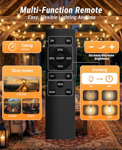 Tenmiro 200FT LED Outdoor String Lights with Remote, 72+2 Shatterproof Bulbs Dimmable Timing 3 Light Modes Outside Patio Lights for Backyard Porch Deck Garden Balcony Pool party Hanging Lighting Decor