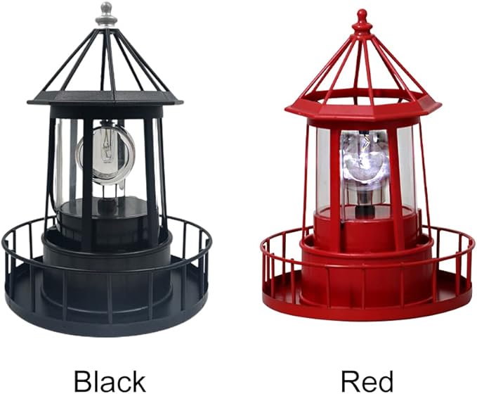 CALIDAKA LED Solar Powered Lighthouse, 360 Degree Rotating Lamp Waterproof Statue Solar LED Lighthouse for Lawn Patio Pond Yard Outdoor Decor (Red)