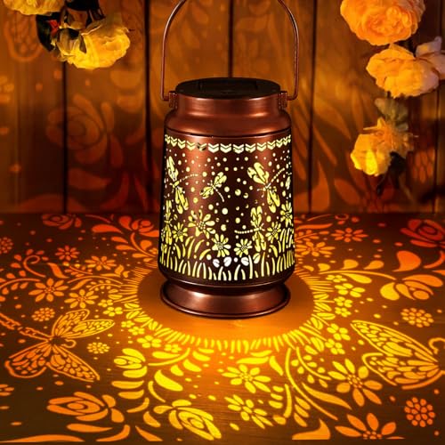 Solar Lantern Outdoor Hanging — Metal Dragonfly Solar Lights with Floral Projection, IP65 Waterproof, Auto On/Off, 8–12H Illumination, Garden Décor Gift for Mom Grandma Women