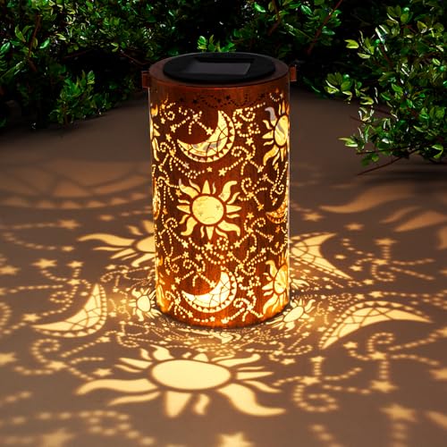 DIBIEECN Birthday Gifts for Women Mom Grandma Wife, Solar Lanterns Outdoor Waterproof, Metal Hanging Lights Garden Decor, LED Decorative Lantern for Patio Porch Backyard, Sun and Moon, 1 Pack