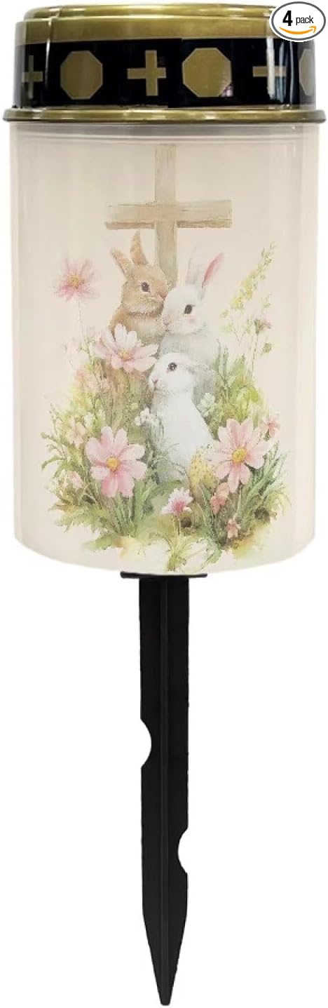 White Bunny Outdoor Solar Lights for Yard Decorative Waterproof Easter Solar Cross Light for Cemetery Grave Flameless Candle for Garden Backyard Outdoor Decor Multipurpose Solar Lights