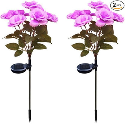 Aolyty Solar Garden Lights, 2 Pack Solar Rose Lights with 14 Rose Flowers, IP65 Waterproof LED Landscape Light Warm Light for Garden Patio Yard Pathway Valentines Day Outdoor Decorative (Purple)