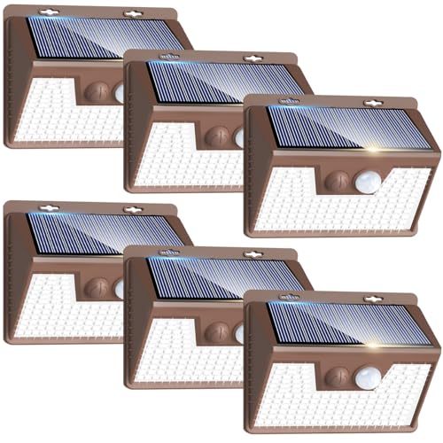 Solar Lights Outdoor Motion Sensor [6 Pack/140LED/Brown], Ultra-Bright 3 Mode Fence Security Light Waterproof, Solar Wall Lighting for Patio Yard Step House Outside