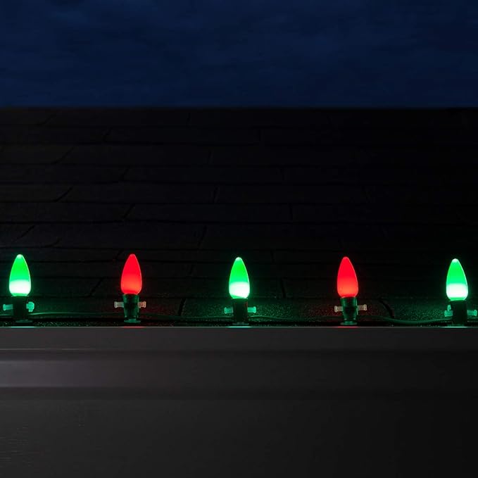 Wintergreen Lighting 50 C9 OptiCore LED Commercial Outdoor Christmas Lights – Heavy Duty Christmas String Lights; Green Wire (50 ft, Red/Green Smooth/Opaque)