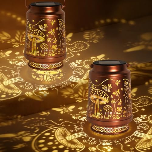 2 Pack Mushroom Solar Lanterns Outdoor Waterproof, Garden Decor Birthday Gifts for Women Mom Grandma Sister, Metal Hanging Solar Lights Outside Decorative for Backyard Patio Lawn Pathway Landscape