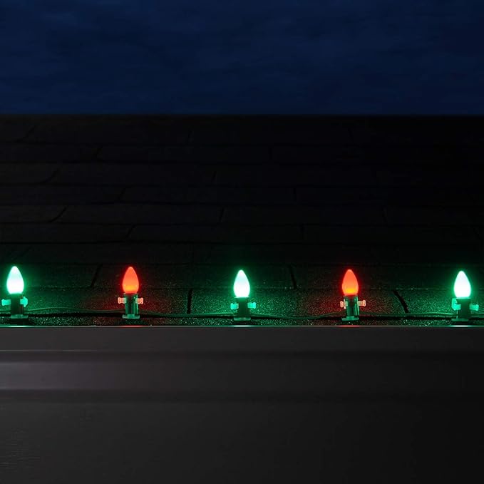 Wintergreen Lighting Opticore LED Smooth/Opaque Commercial C7 Red & Green Christmas Lights Vintage Style, Durable Outdoor Christmas Lights, Green Wire (50 Lights, 50 ft)