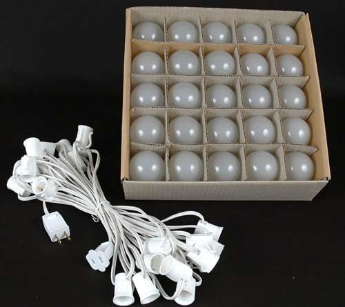 G50 Patio String Lights with 25 Frosted White Globe Bulbs – Wedding Outdoor String Lights – Market Bistro Café Hanging String Lights – Patio Garden Umbrella Globe Lights - White Wire - 25 Feet