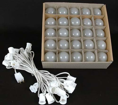 G50 Patio String Lights with 25 Frosted White Globe Bulbs – Wedding Outdoor String Lights – Market Bistro Café Hanging String Lights – Patio Garden Umbrella Globe Lights - White Wire - 25 Feet