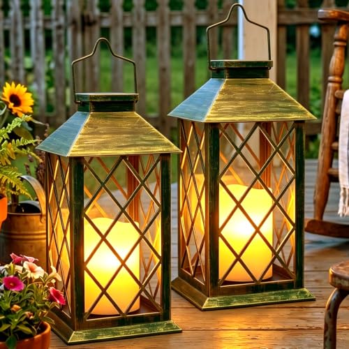 2 Pack 14'' Large Tempered Glass Solar Lanterns Outdoor Waterproof