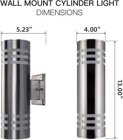 2 Pack Outdoor Wall Sconce, Waterproof Wall Light Fixture, Cylinder Porch Wall Mount Light with Stainless Steel 304, E27, 13" Height, UL Listed (Silver, Brushed Nickel, No Bulbs)