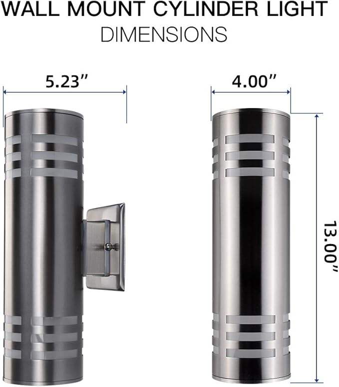 Outdoor Wall Sconce,Cylinder Porch Wall Light with Stainless Steel 304 and Toughened Glass,Waterproof Up Down Light for Garden Patio Bedroom Living Room (Silver,13" Height,No Bulbs)