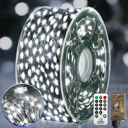 KNONEW 203FT 600LED Green Wire Outdoor Fairy Lights Plug in Cool White Xmas