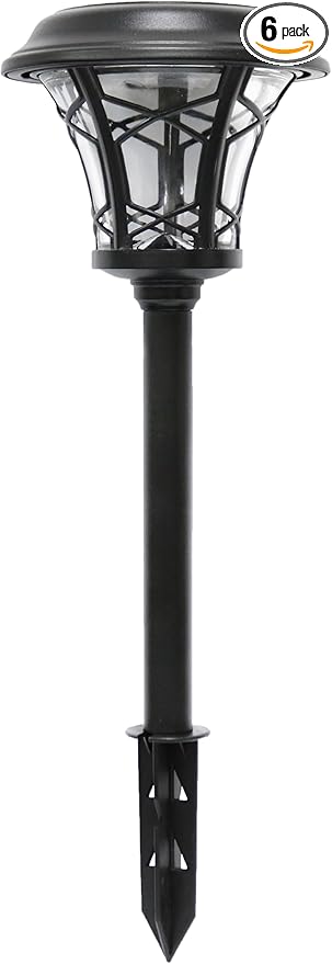 6-Pack Solar Post Lights, Outdoor Pathway & Fence Lights with Warm White 3000K LED, Auto On/Off Dusk to Dawn, Matte Black Metal & Glass, Tool-Free Installation, IP45 Waterproof [W58341]