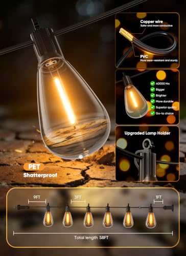 Minetom 58FT Solar String Lights Outdoor Waterproof, S14 Patio Lights