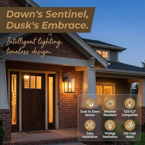 Black Brush Gold Porch Light, Dusk to Dawn Wall Mount Outdoor Light