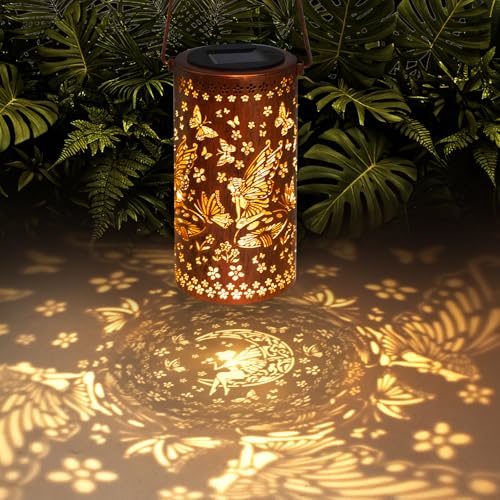 DIBIEECN Birthday Gifts for Women Mom Grandma Wife, Solar Lanterns Outdoor Waterproof, Metal Hanging Lights Garden Decor, LED Decorative Lantern for Patio Porch Backyard, Fairy, 1 Pack