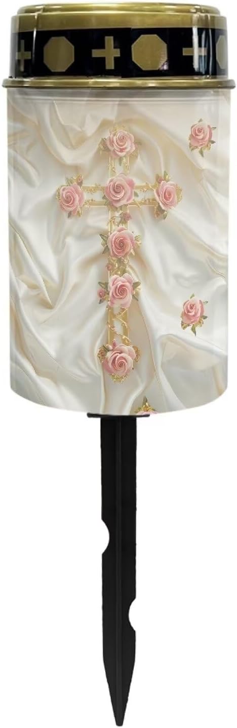 Solar Lights Outdoor Cross and Rose Print Solar Garden Lights Waterproof Cemetery Solar Light Auto ON/Off Solar Powered Outdoor Garden Lights