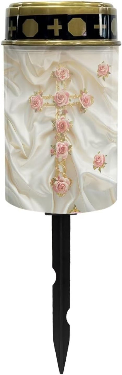Solar Lights Outdoor Cross and Rose Print Solar Garden Lights Waterproof Cemetery Solar Light Auto ON/Off Solar Powered Outdoor Garden Lights