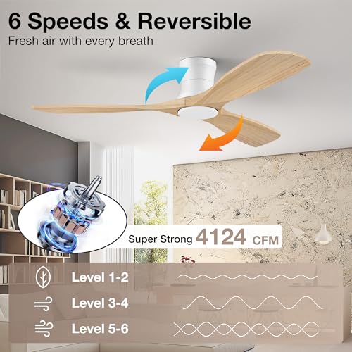 52” Low Profile Wood Ceiling Fans with Lights Remote,Flush Mount,Modern