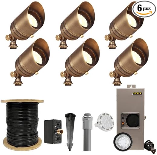 VOLT 12V Brass Fat Boy LED Outdoor Spotlight 6-Pack Kit (Bronze) with 150W Low Voltage Transformer for Landscape | Lumora