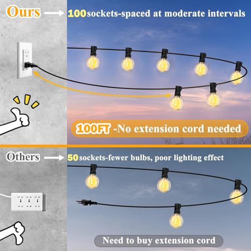 Afirst White String Lights 100FT Outdoor Patio Lights with 105 Globe Bulbs Waterproof Hanging Light for Backyard Party Wedding Lighting