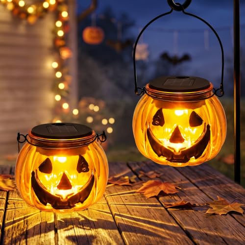 Brizled Halloween Pumpkin Solar Lantern, 2 Pack Glass Hanging Light Outdoor