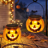 Brizled Halloween Pumpkin Solar Lantern, 2 Pack Glass Hanging Light Outdoor